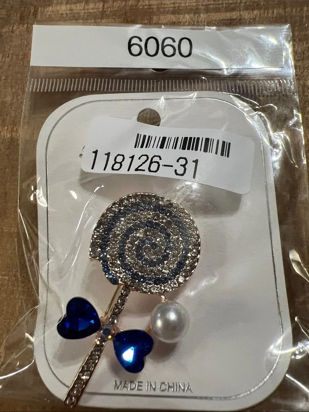 3/$18 Crystal Spiral Lollipop Brooch with Blue Hearts and Pearl Accent Lot 6060